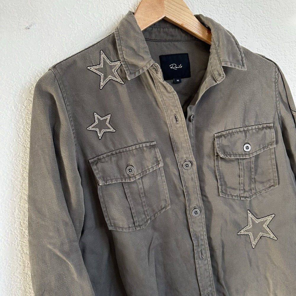 Rails Loren Button Up Shirt Jacket XS Embroidered Star Olive Green Military $218